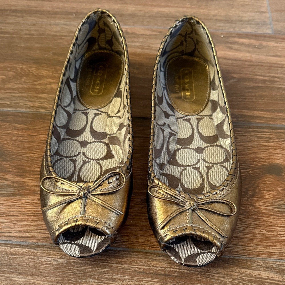Coach Women's Metallic Gold Peep Toe Flats